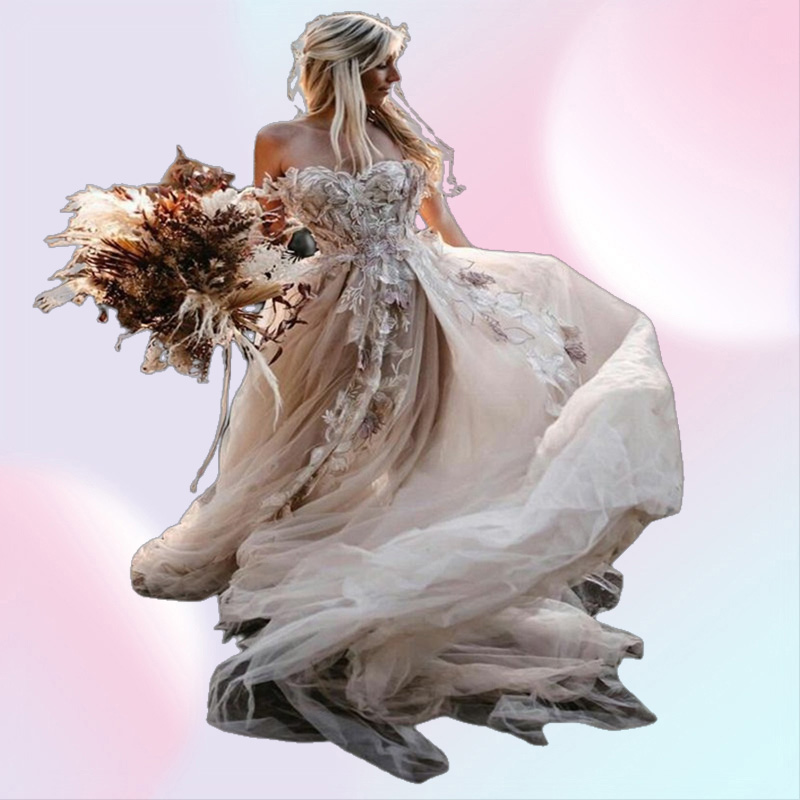 Backless Boho Wedding Dress 3D Appliqued Summer Beach Bridal Gowns Off The Shoulder Tulle Loves Lace Outdoor Lady Marriage Dr