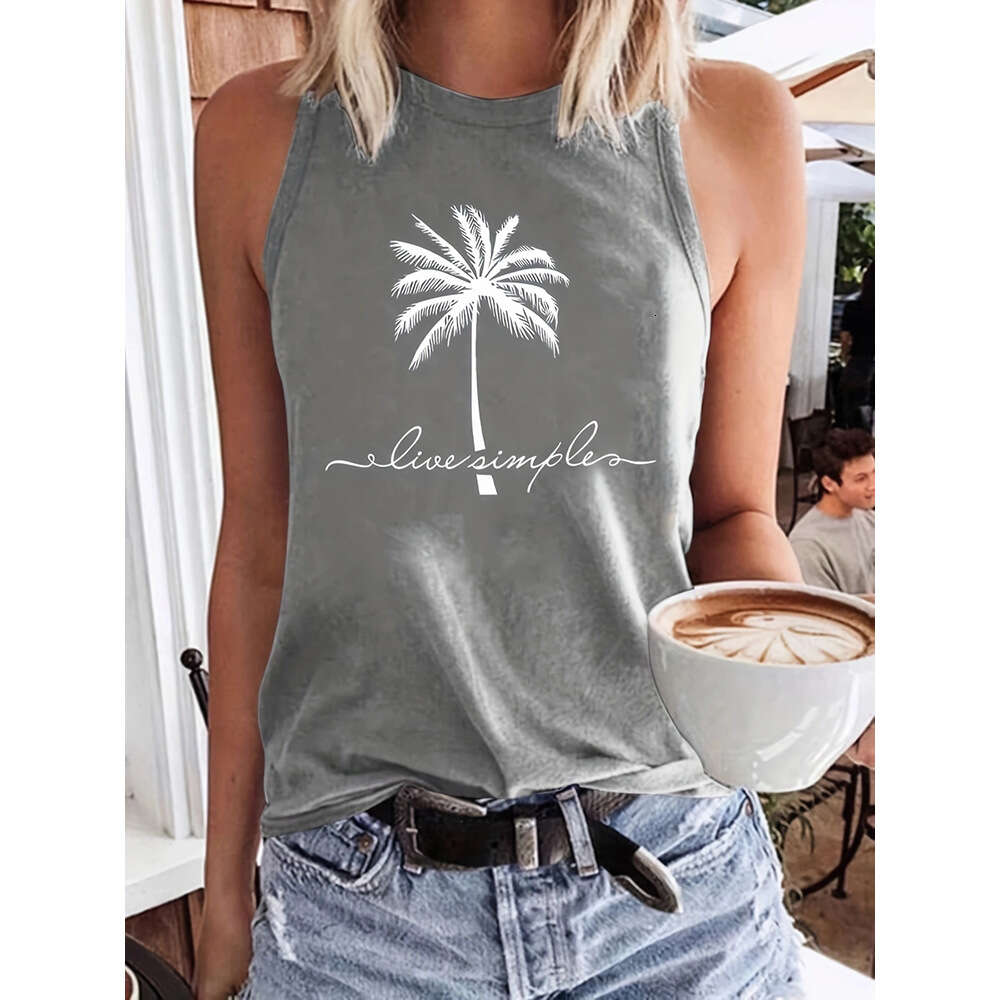 2024 Women's Vacation Coconut Tree Letter Print Casual Loose Round Neck Tank Top for Women