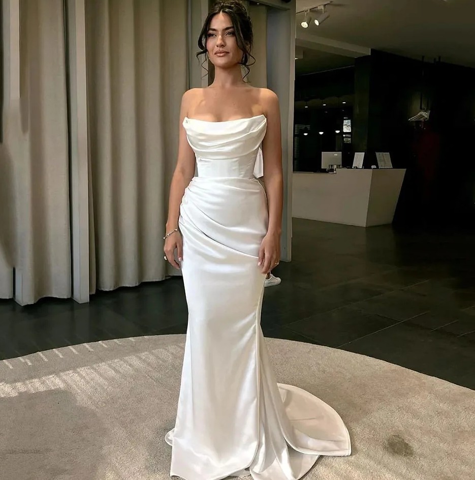 Elegant White Mermaid Wedding Dress For Women 2024 Strapless Pleast Silk Satin Bridal Party Growns Vestido De Noiva