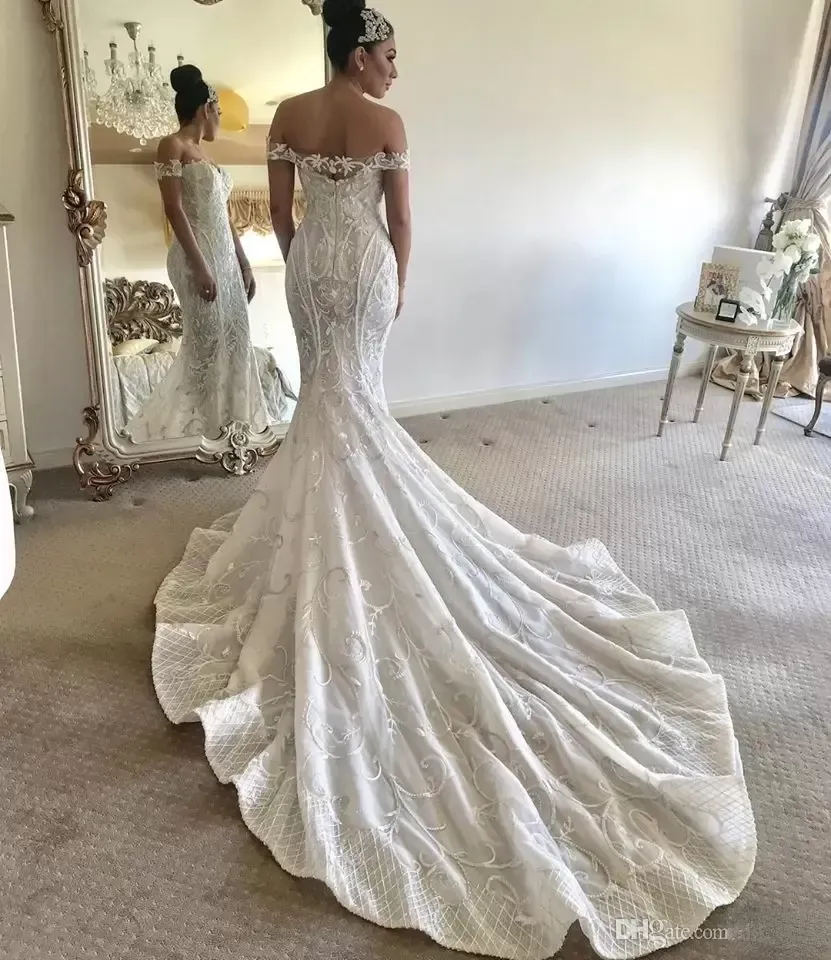 Gorgeous Mermaid With Detachable Train Off Shoulder Lace Bridal Gown Vestidos Backless Dubai Wedding Dresses Plus Size 6660306