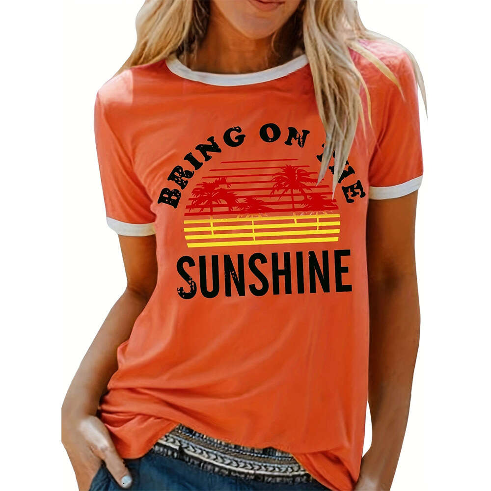 Women's Vacation Coconut Tree Letter Print Casual Loose Round Neck Short Sleeve T-shirt