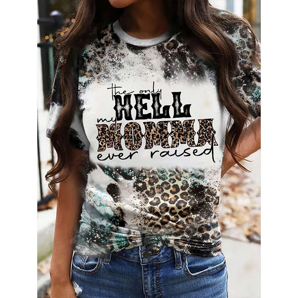 Tie Dyed Letter Printing Casual Loose Round Neck Short Sleeve T-shirt Women's Top