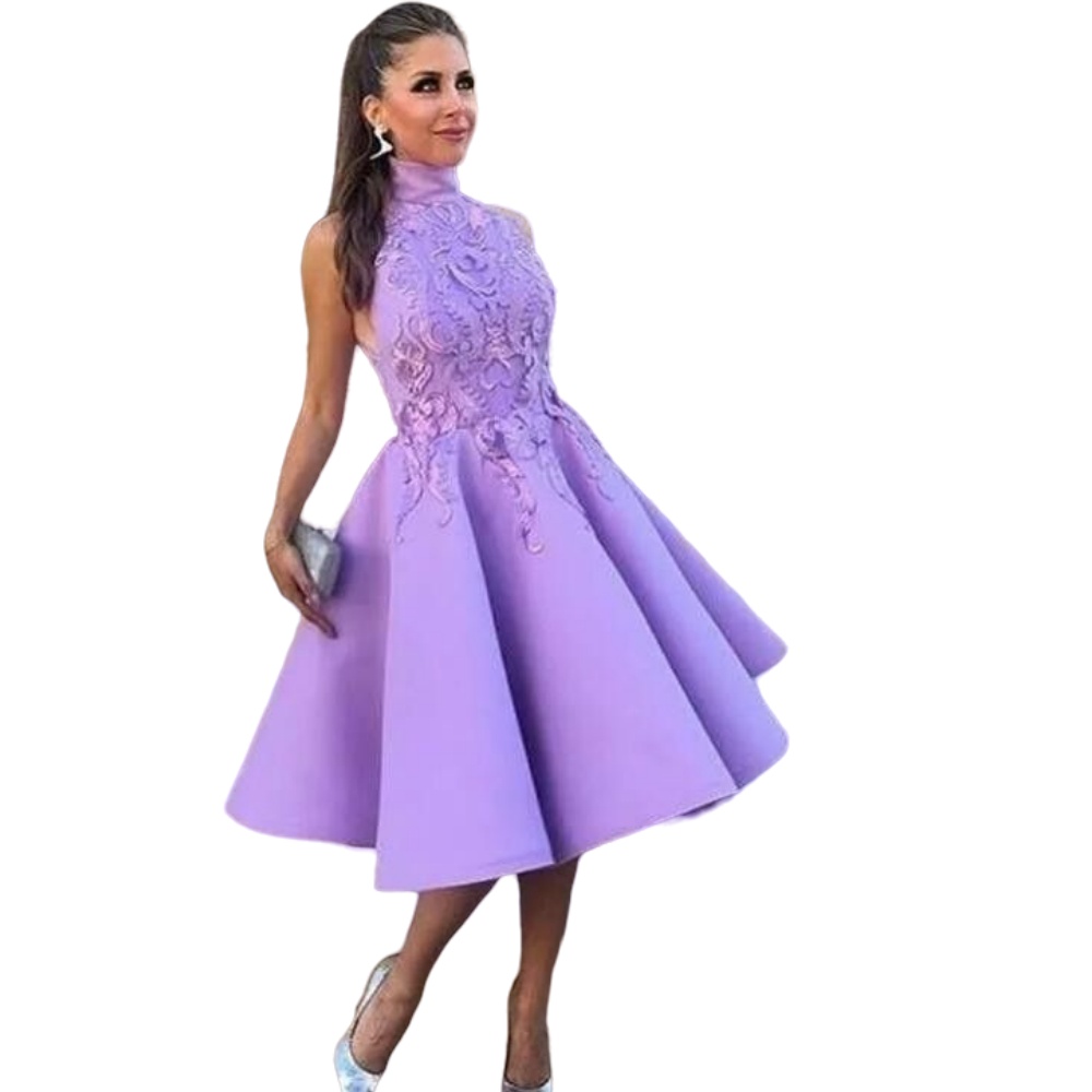 2024 Vintage Cocktail Dresses Purple High Neck Ball Gown Lace Appliques Beads Satin Evening Gowns Short Tea Length Homecoming Gowns