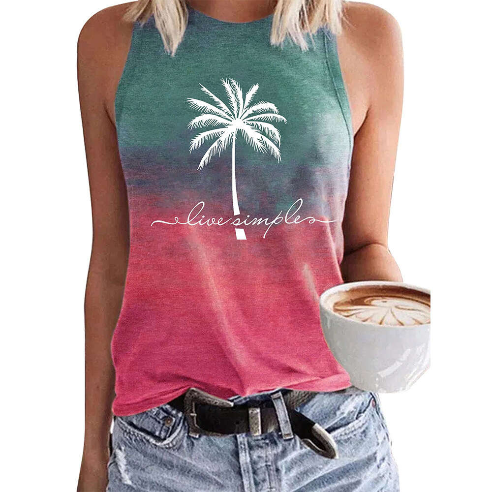 2024 Women's Vacation Coconut Tree Letter Print Casual Loose Round Neck Tank Top for Women