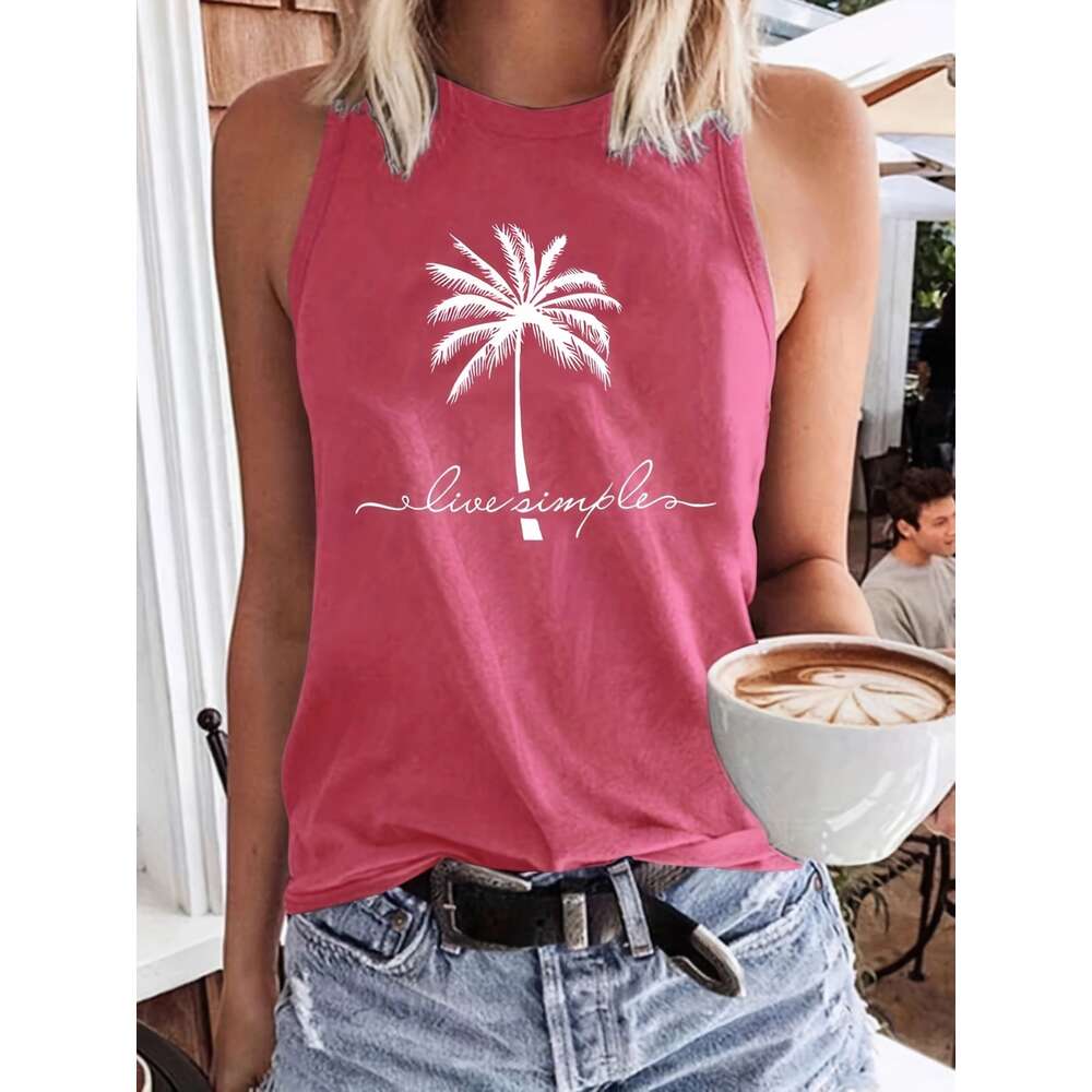 Women's shirts Vacation Coconut Tree Letter Print Casual Loose Round Neck Tank Top for Women summer fashion blouses Plus size
