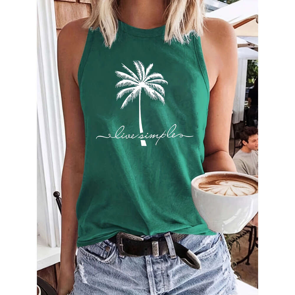 Women's shirts Vacation Coconut Tree Letter Print Casual Loose Round Neck Tank Top for Women summer fashion blouses Plus size - view 7