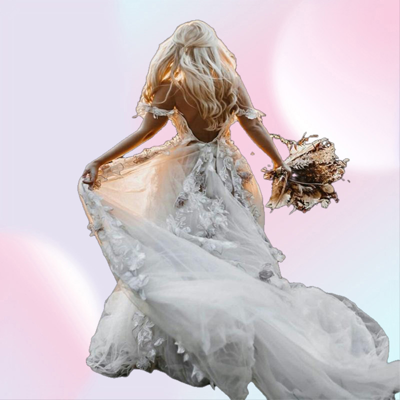 Backless Boho Wedding Dress 3D Appliqued Summer Beach Bridal Gowns Off The Shoulder Tulle Loves Lace Outdoor Lady Marriage Dr