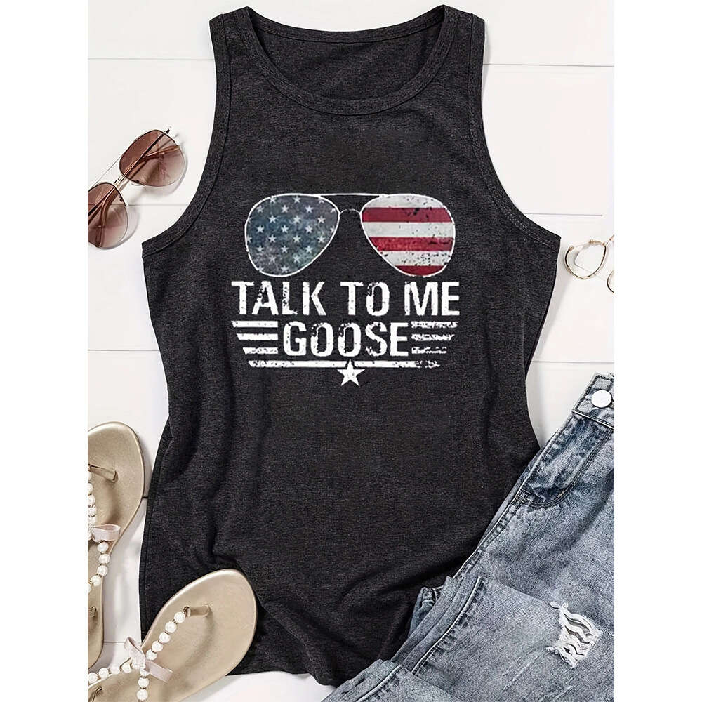 Women's Vacation Flag Sunglasses Letter Print Casual Loose Round Neck Tank Top