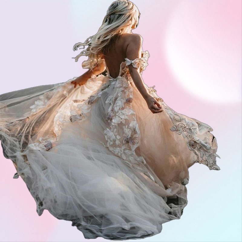 Backless Boho Wedding Dress 3D Appliqued Summer Beach Bridal Gowns Off The Shoulder Tulle Loves Lace Outdoor Lady Marriage Dr