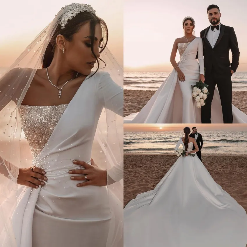 Saudi Summer Ivory Arabic Dubai Modern Backless Dresses Sexy One Shoulder Sequins Long Train Wedding Gown Bc 0219