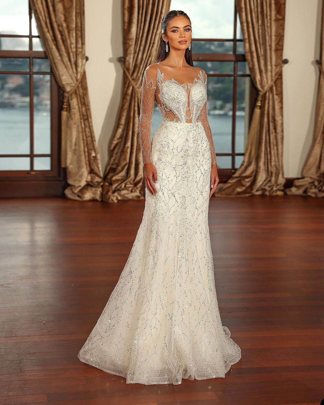 Mermaid Wedding Classic Dress Sequins Bridal Gowns Sheer Long Sleeve Rhie Custom Made Bride Dresses Sleeveless Vestido De Novia es less