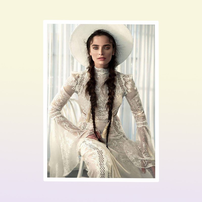 Meital Zano Great Victoria Medieval Wedding Gown with Bell Sleeves Vintage Crochet Lace High Neck Gothic Queen Wedding Dresses