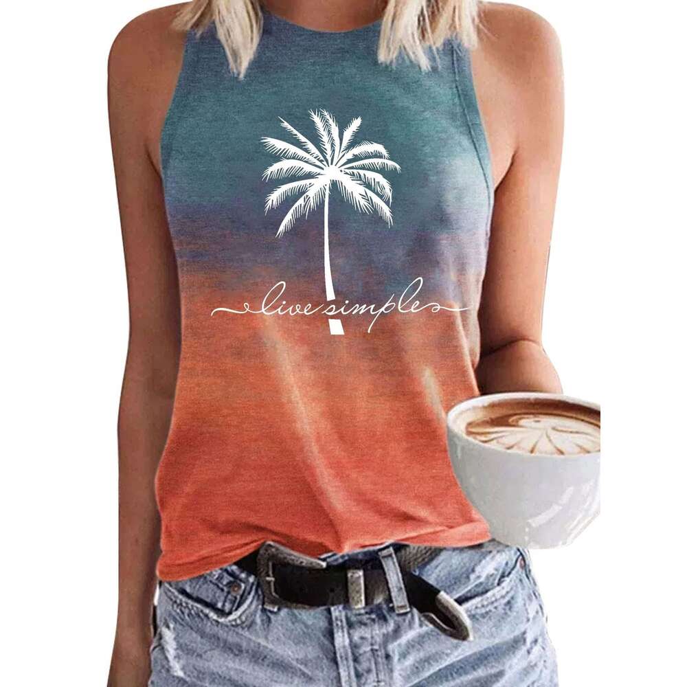 Women's shirts Vacation Coconut Tree Letter Print Casual Loose Round Neck Tank Top for Women summer fashion blouses Plus size - view 8