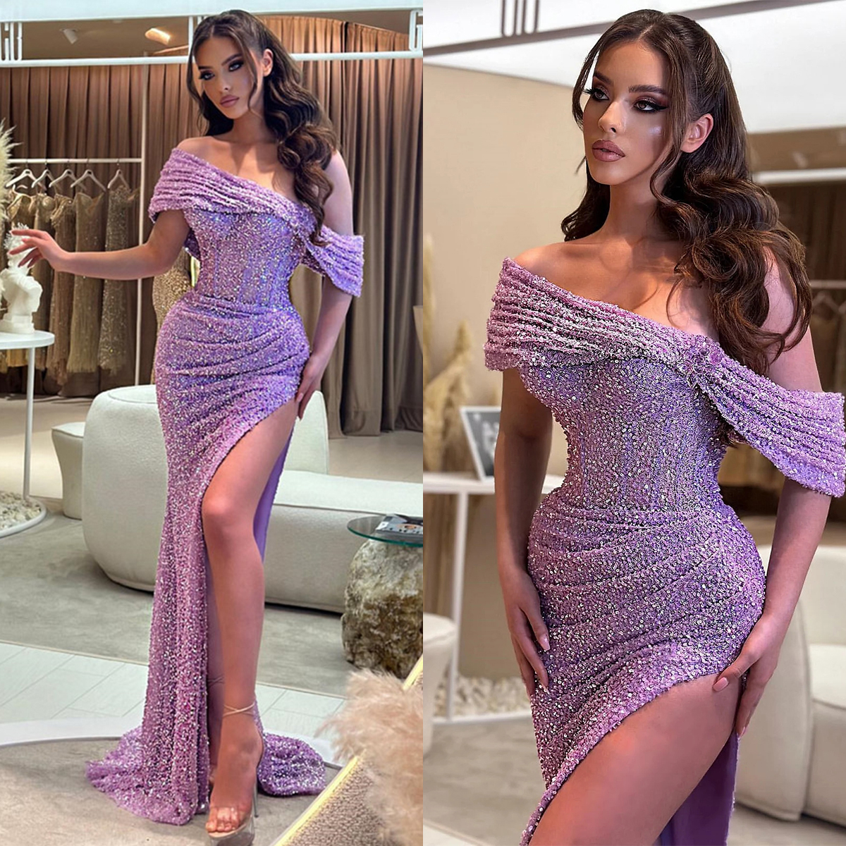Shoulder Stylish Off Evening Sequins Crystal Mermaid Prom Gowns Side Split Custom Made For Formal Party Dresses Plus Size mal