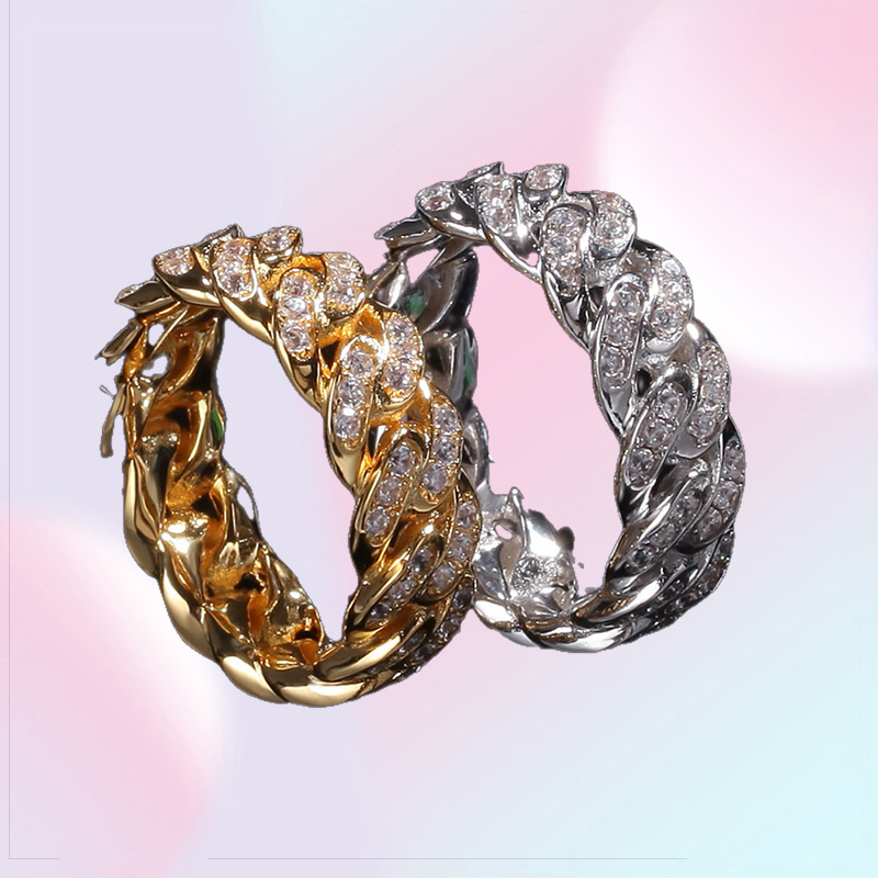 8MM Mens Cuban Link chain Rings Hip Hop Zircon Stone Gold Silver Iced out Ring For Women Hiphop Jewelry Gift