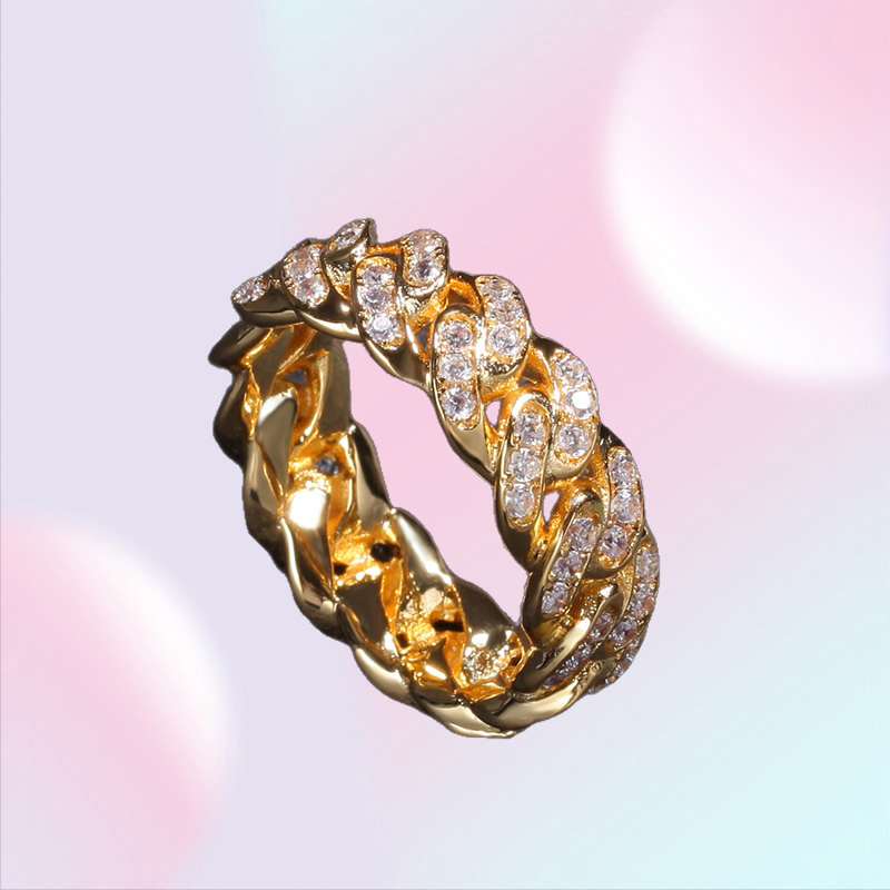 8MM Mens Cuban Link chain Rings Hip Hop Zircon Stone Gold Silver Iced out Ring For Women Hiphop Jewelry Gift