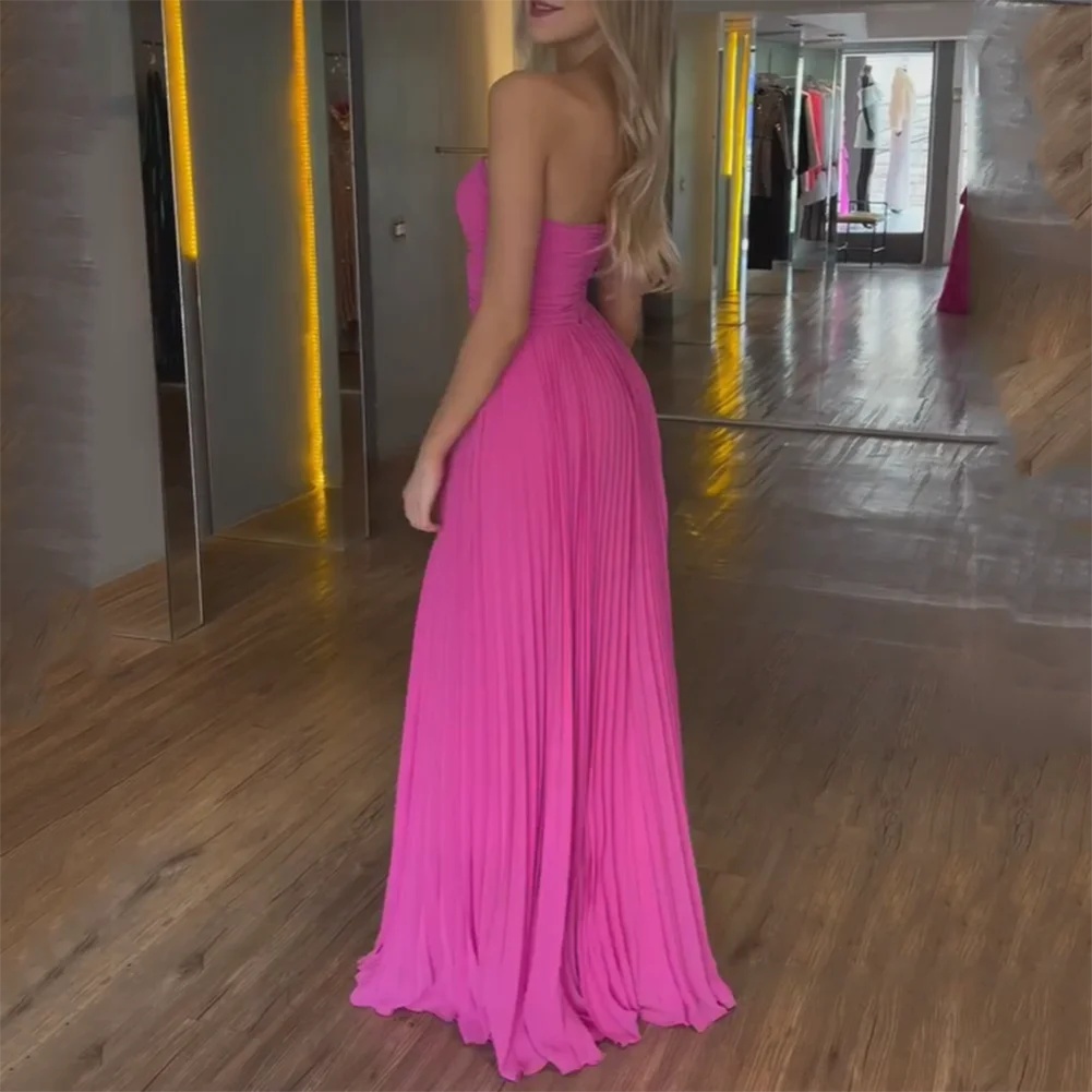 Elegant Long Hot Pink Chiffon Strapless Prom Dresses With Wrap A-Line Sleeveless Ruched Floor Length Party Dress Maxi Formal Evening Dresses for Women