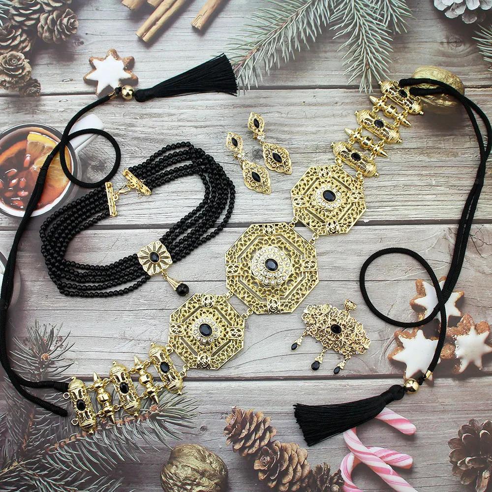 Sunspicems Exquisite Women Jewelry Sets Gold Color Morocco Bride Bead Chain Choker Necklace Flower Brooch Earring Hand Rope Belt 240221