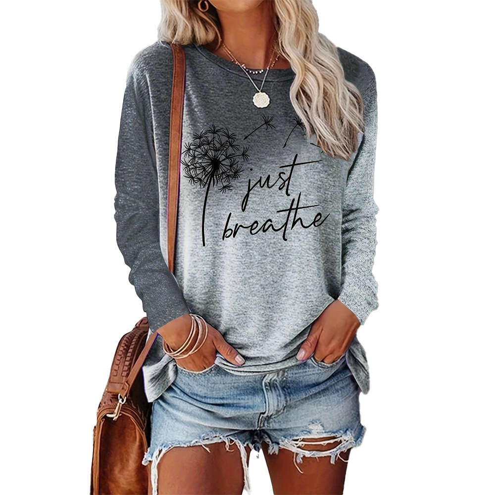 Women's Dandelion Letter Pattern Printed Casual Loose Round Neck Long Sleeved Top