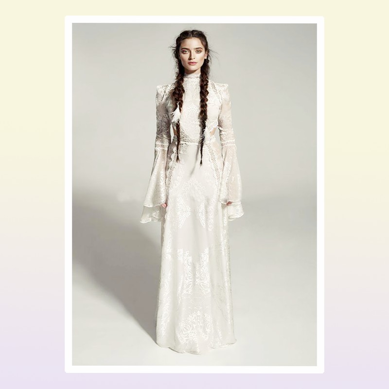 Meital Zano Great Victoria Medieval Wedding Gown with Bell Sleeves Vintage Crochet Lace High Neck Gothic Queen Wedding Dresses