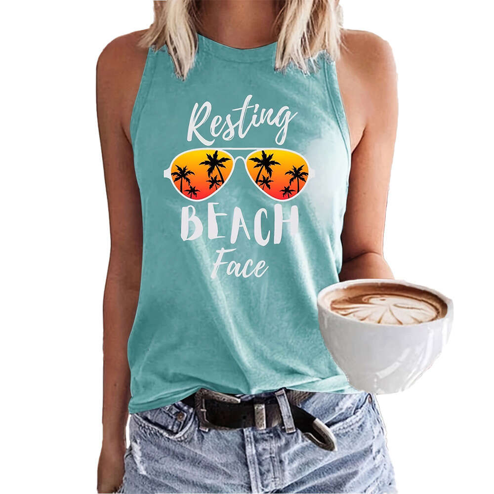 Women's Beach Vacation Sunglasses Letter Print Casual Loose Round Neck Tank Top for Women