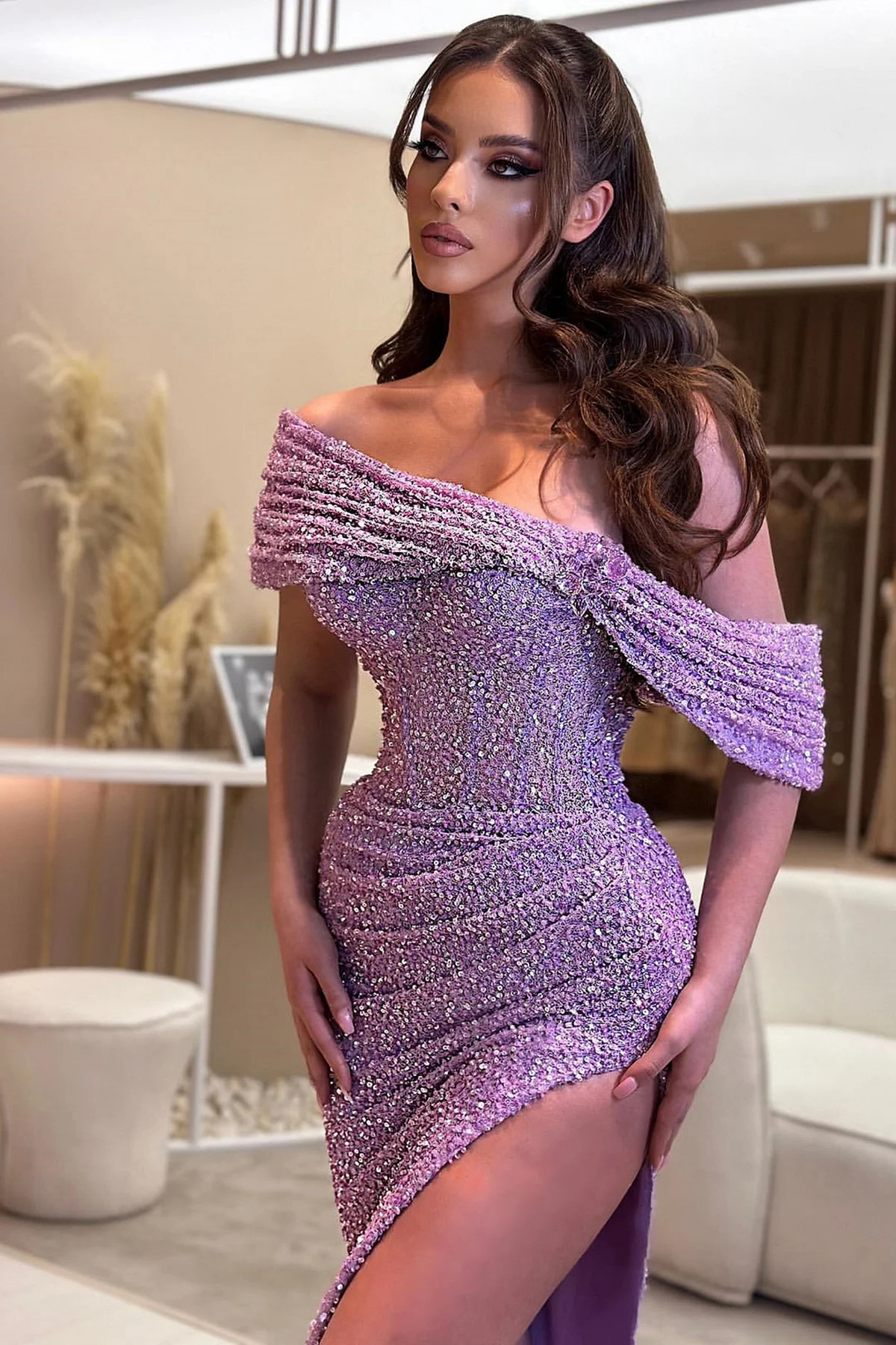 Shoulder Stylish Off Evening Sequins Crystal Mermaid Prom Gowns Side Split Custom Made For Formal Party Dresses Plus Size mal
