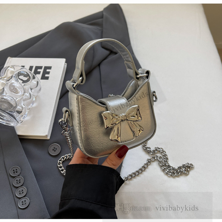 Fashion Girls shiny Bow handbags INS kids metal chain single shoulder bag lady style children crossbody mini bags S1085