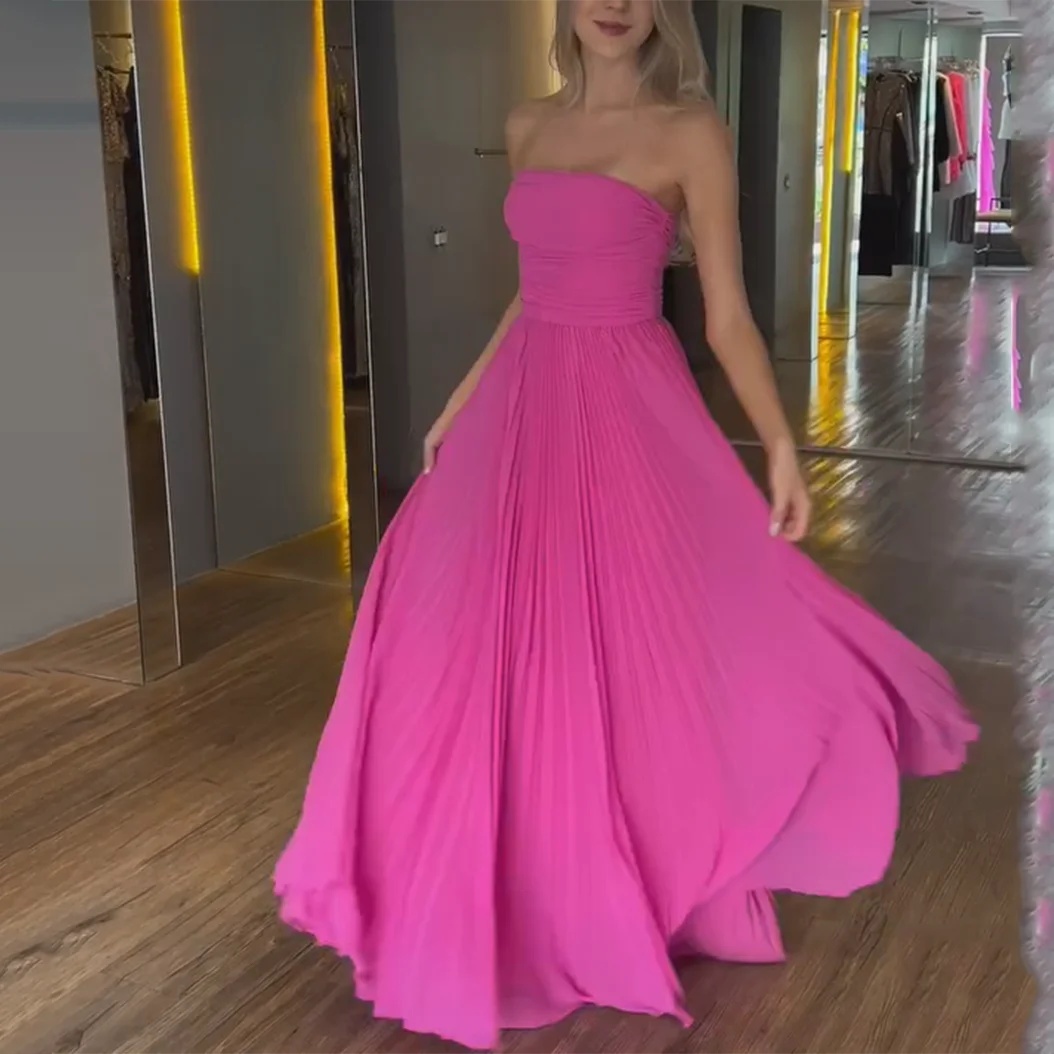 Elegant Long Hot Pink Chiffon Strapless Prom Dresses With Wrap A-Line Sleeveless Ruched Floor Length Party Dress Maxi Formal Evening Dresses for Women