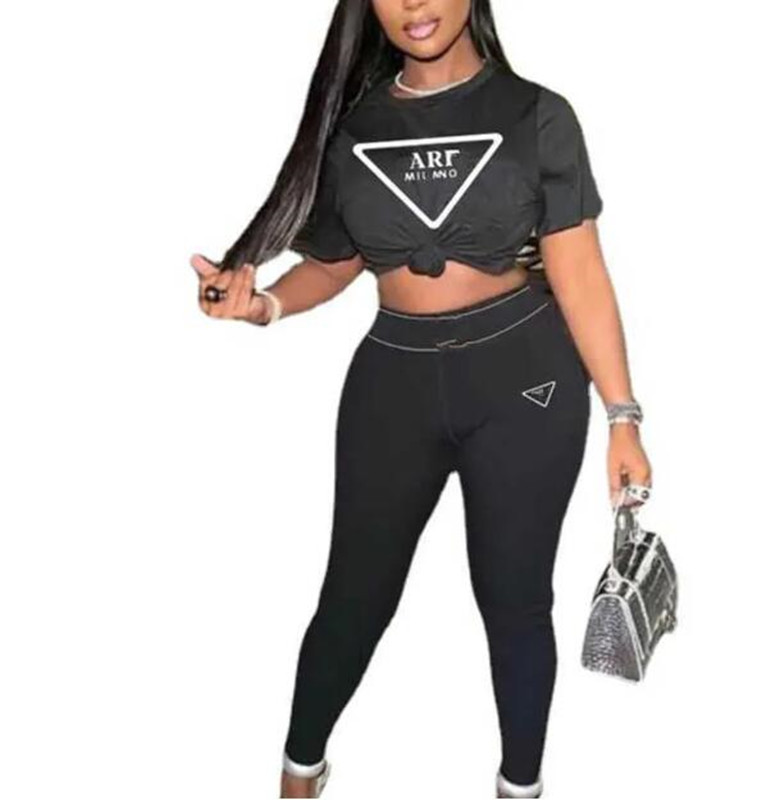 Womens Clothing Designer Track Suit Casual Two Piece Set Summer Fashion Round Neck Short Sleeve LeisureTight pants Sets Asian code