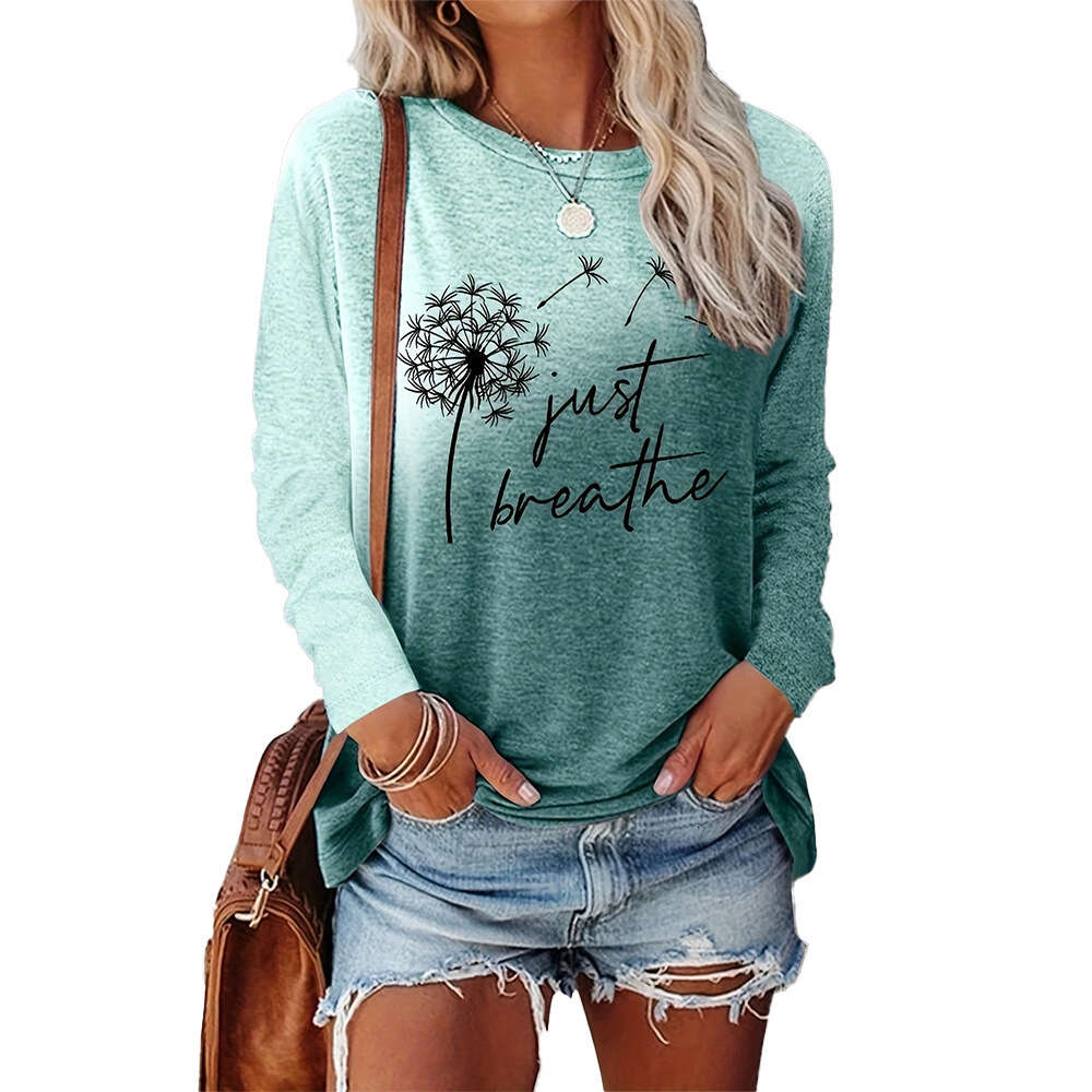 Women's Dandelion Letter Pattern Printed Casual Loose Round Neck Long Sleeved Top