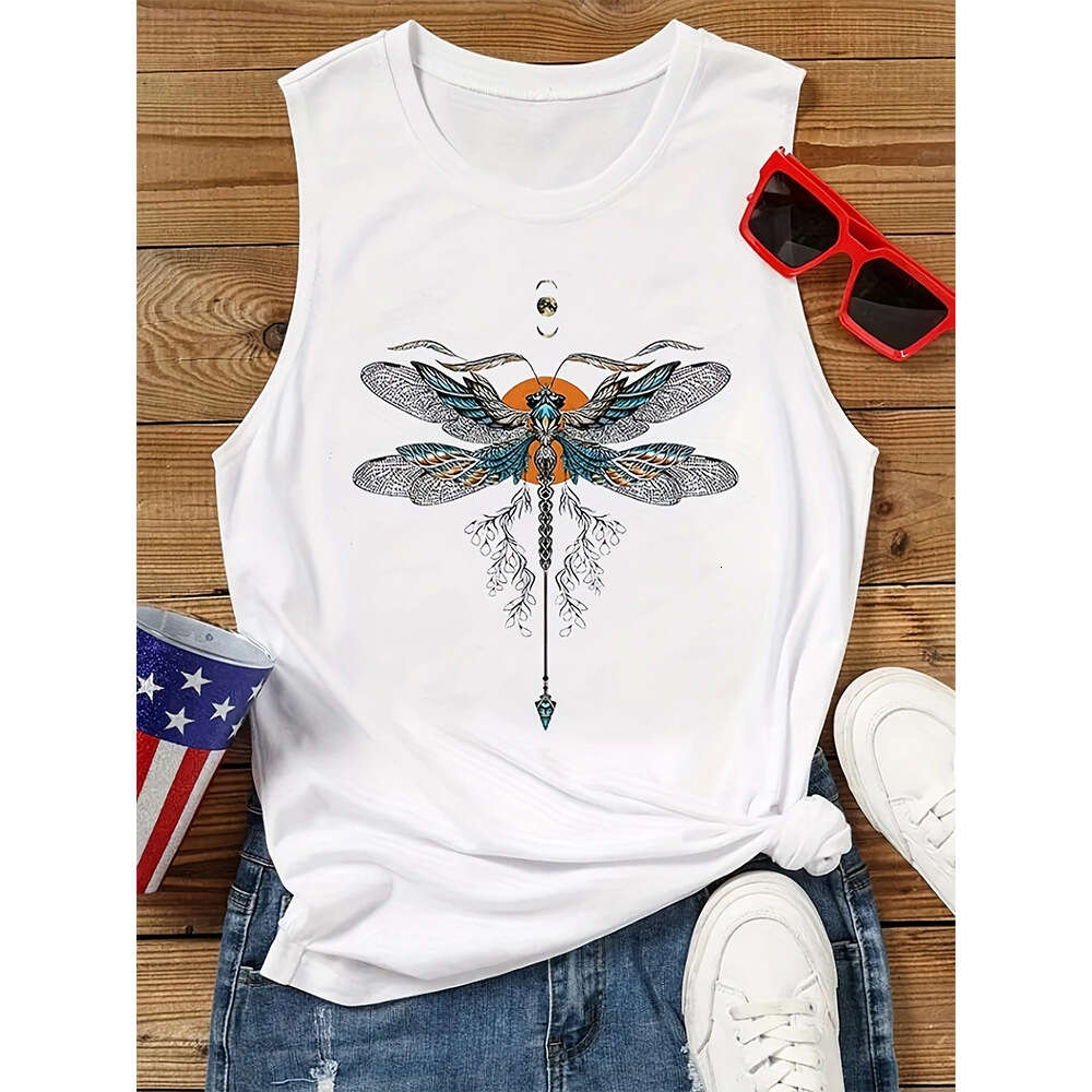2024 Women's Art Dragonfly Print Casual Loose Round Neck Tank Top