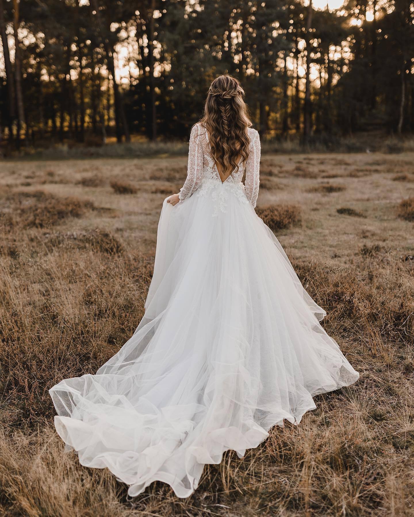Wedding Modest Country Dress With Long Sleeves V Neck Chiffon Lace Bridal Gowns For Garden Vestido De Novia Estido