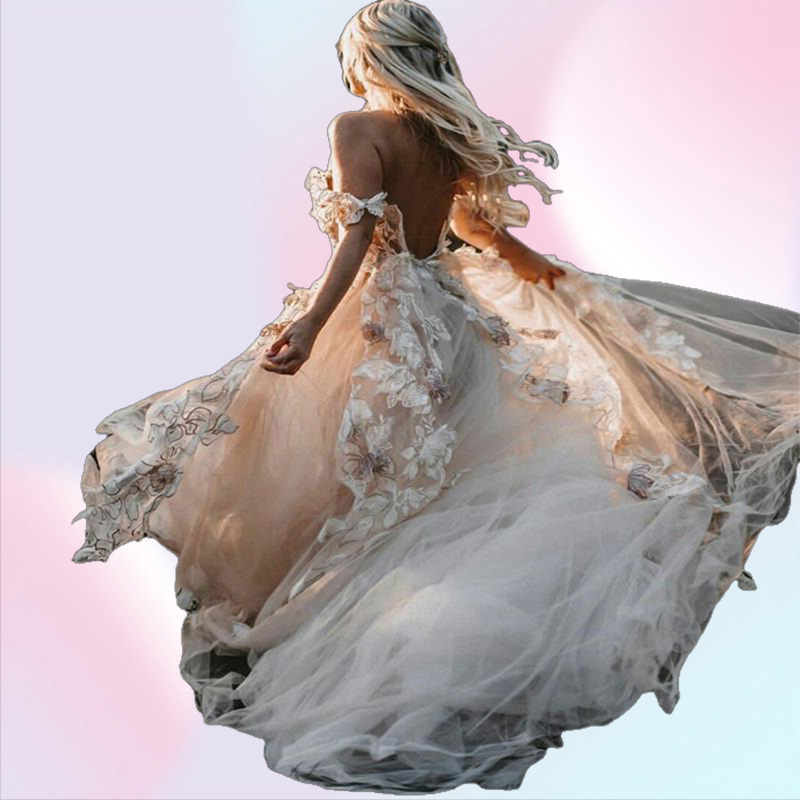 Backless Boho Wedding Dress 3D Appliqued Summer Beach Bridal Gowns Off The Shoulder Tulle Loves Lace Outdoor Lady Marriage Dr