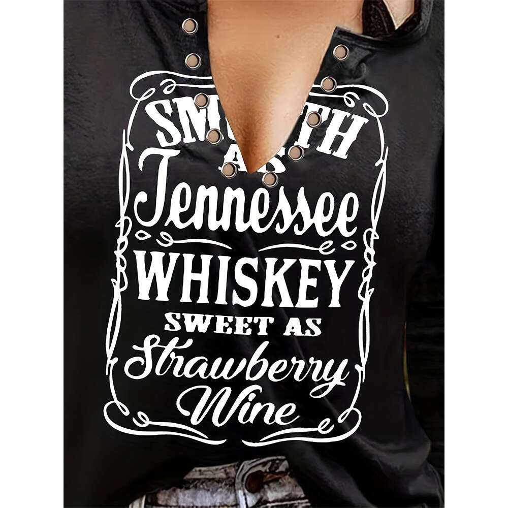 Fun Letter Print Casual Loose V-neck Long Sleeved Women's Top