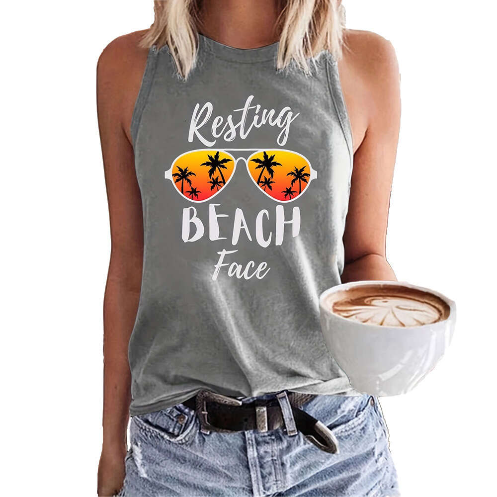 Women's Beach Vacation Sunglasses Letter Print Casual Loose Round Neck Tank Top for Women