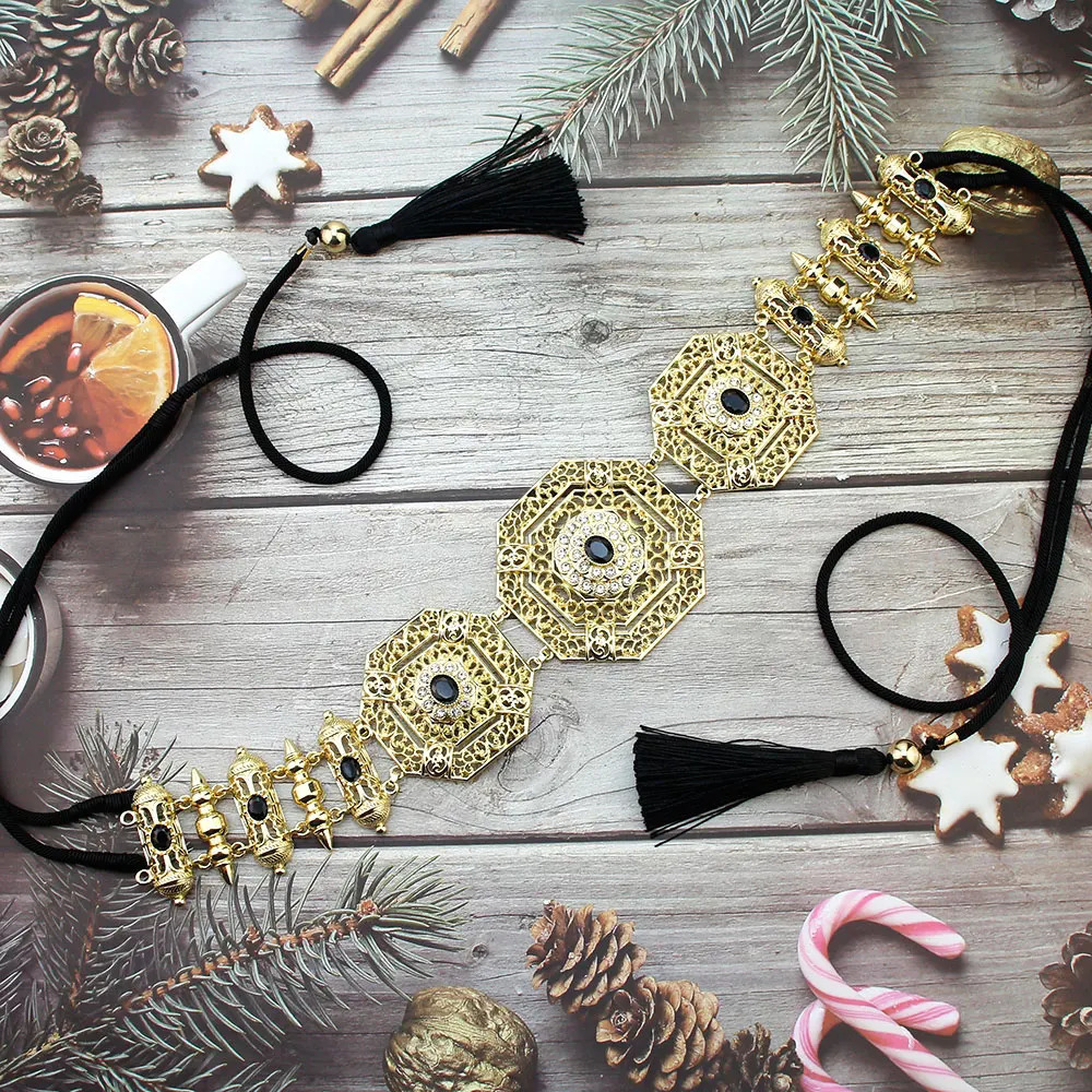 Sunspicems Exquisite Women Jewelry Sets Gold Color Morocco Bride Bead Chain Choker Necklace Flower Brooch Earring Hand Rope Belt 240221