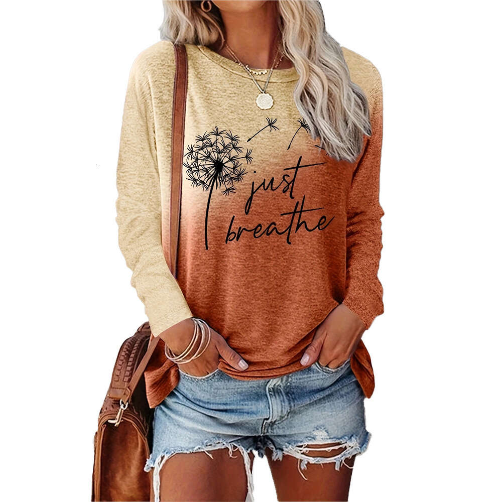 Women's Dandelion Letter Pattern Printed Casual Loose Round Neck Long Sleeved Top