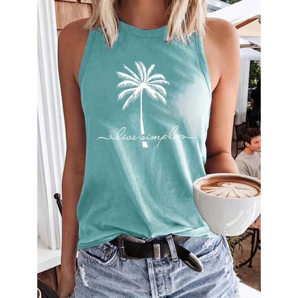 Women's shirts Vacation Coconut Tree Letter Print Casual Loose Round Neck Tank Top for Women summer fashion blouses Plus size - view 9