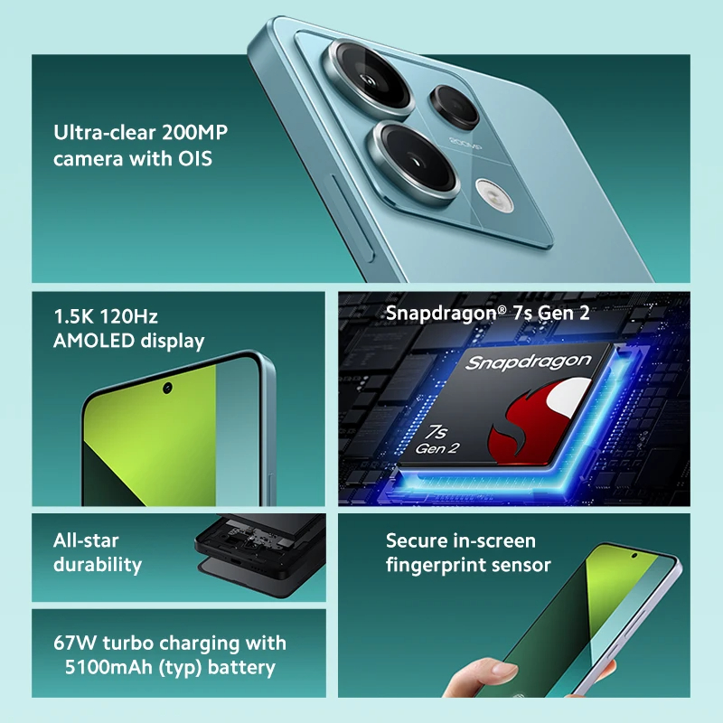 Global Version Xiaomi Redmi Note 13 Pro 5G Smartphone NFC 6.67 Inch 120hz AMOLED Screen Snapdragon 7s 67w Turbo Charge 5100mAh