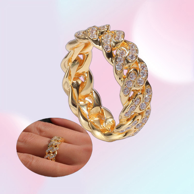 8MM Mens Cuban Link chain Rings Hip Hop Zircon Stone Gold Silver Iced out Ring For Women Hiphop Jewelry Gift