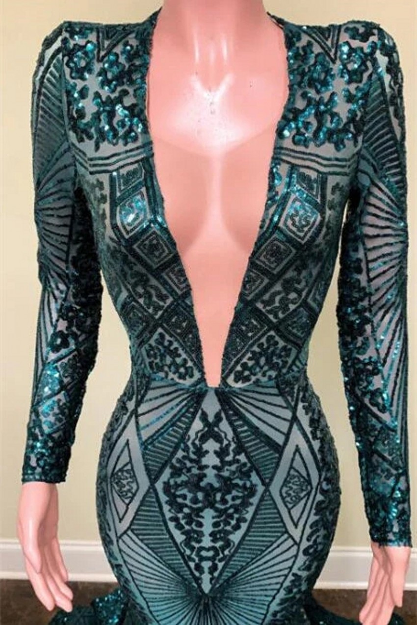Emerald V-Neck Sequins Lace Prom Dress Mermaid Sheer Long Sleeves Evening Gowns Formal Occasion Party Dress Black Girls Graduation Wears