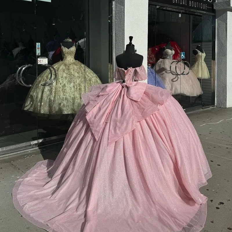 Pink Shiny Quinceanera Dresses Ball Gown Off Shoulder Sweet 16 Dress Beads Crystal Celebrity Party Gowns Graduation Vestidos De 15 Dr0320
