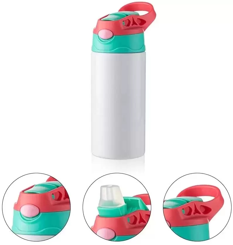 12oz Sublimation Blanks Kids Mugs Tumbler Baby Bottle Sippy Cups White Water Bottle with Straw and Portable Lid 6 Color Lids FY5286
