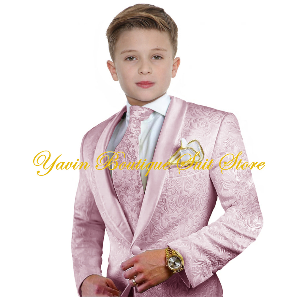 Jacquard Boys Suit 3 Pieces Set Floral Jacket Pants Tie One Button Blazer Wedding Party Boy's Tuxedo Kids Party Dress Suits