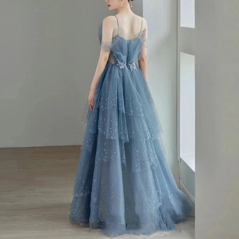 Stunning Blue Evening Dresses Layers Tulle with Beading Long Prom Dresses Lace-up Back High Waist