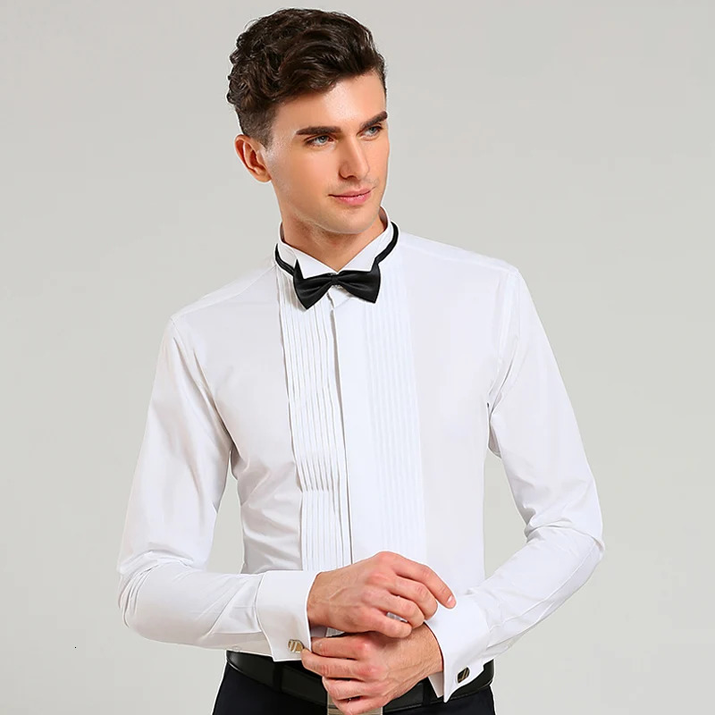 France Cufflinks Solid Tuxedo Shirts for Men with Regular Fit Business Social Shirt Long Sleeve Swallow Tail Collar Quality 240219