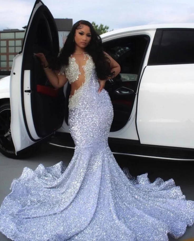 White Shimmering Sequins Mermaid Prom Dress Sexy Sheer Lace Appliques Plus Size Gown