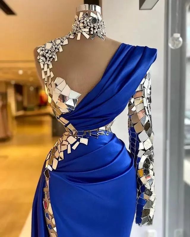 Royal Blue Beaded Crystal African Dresses Urious Aso Ebi Mermaid Prom Dress One Long Sleeve Formal Evening Party Gowns Split Or Length 2024 Lz0304