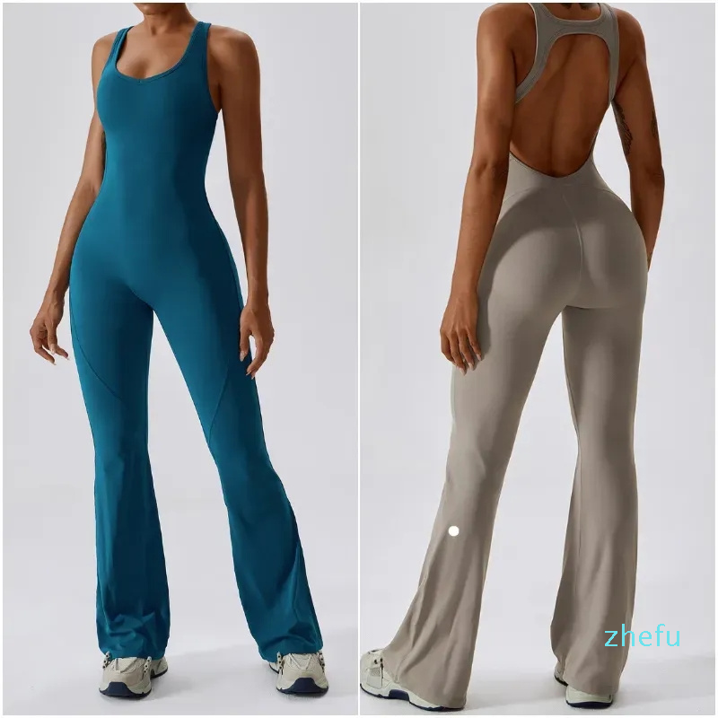 Womens Jumpsuits One Piece Yoga Outfits Sleeveless Close-fitting Dance Jumpsuit Long Pants Fast Dry Breathable Bell-bottoms Pants