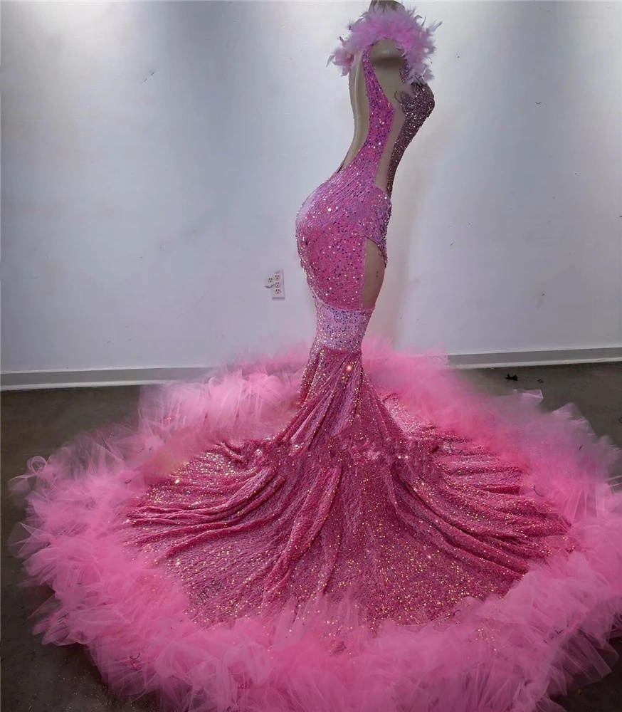 Pink Sweetheart Long Prom Gowns For Black Girls Beaded Crystal Birthday Party Dresses Sequined Evening Dress Feather Robe De Bal